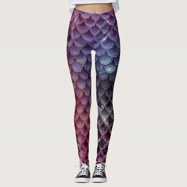 Mermaid Purple, Blue, Red Colors Scales Design Leggings (Front)