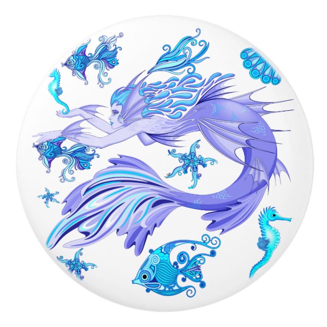 Mermaid Purple Fairy Creature Ceramic Knob (Front)