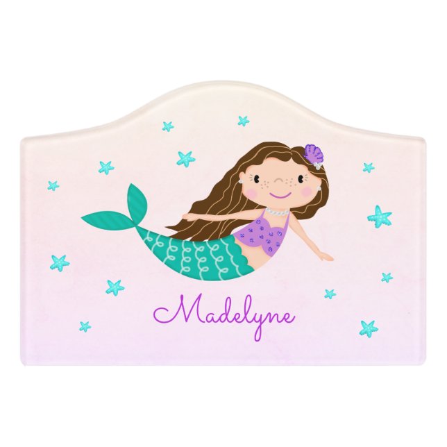 Mermaid Purple Glitter Coral Personalized Name Door Sign (Small Crest Front)