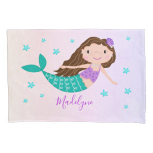 Mermaid Purple Glitter Coral Personalized Name Pillow Case