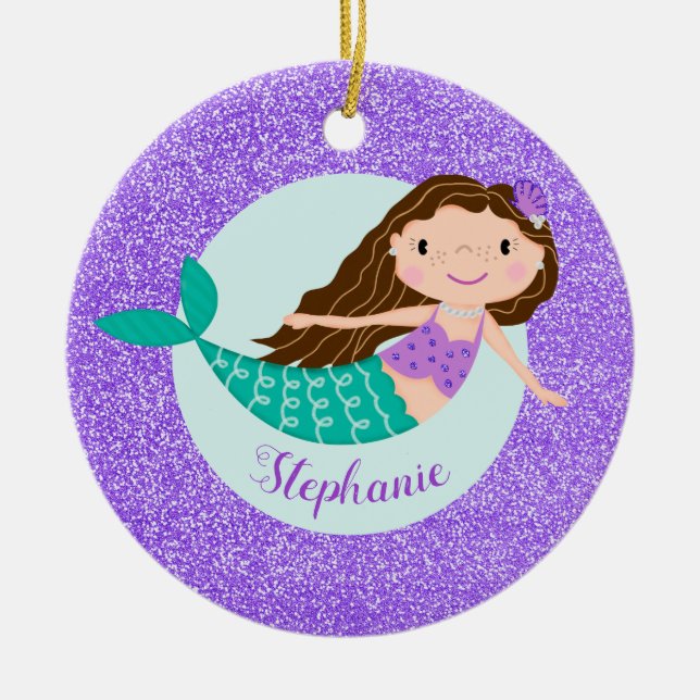 Mermaid Purple Glitter Personalized Name Ceramic Ornament (Front)
