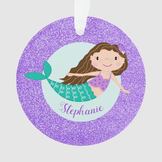Mermaid Purple Glitter Personalized Name Ornament (Front)