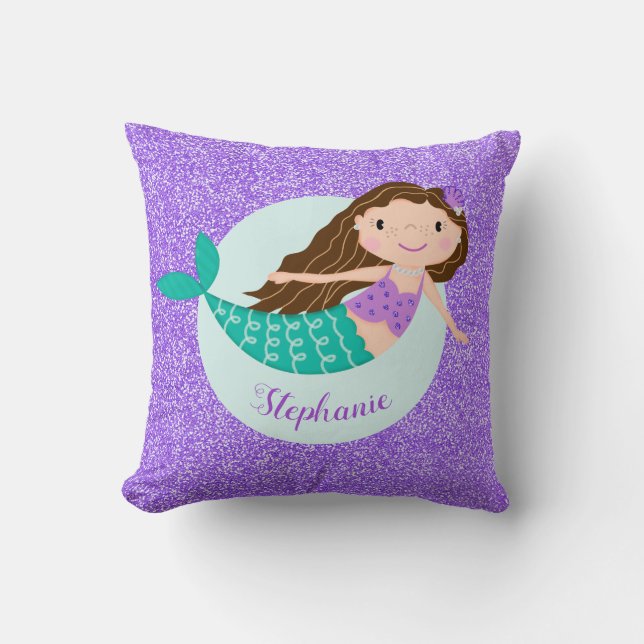 Mermaid Purple Glitter Personalized Throw Pillow (Front)