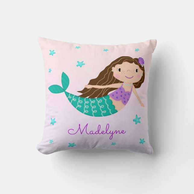Mermaid Purple Glitter Rainbow Name Throw Pillow (Front)