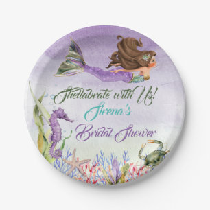 Mermaid Purple Green Gold Seahorse Crab Paper Plates