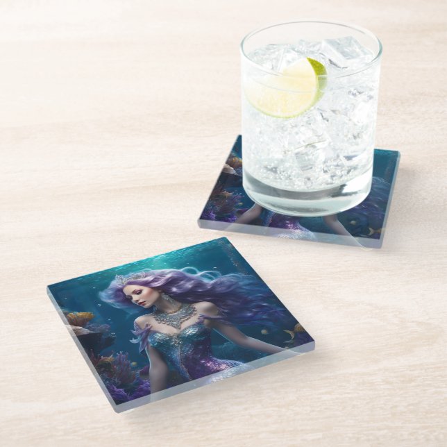 Mermaid Purple Hair Glass Coaster (Angled)