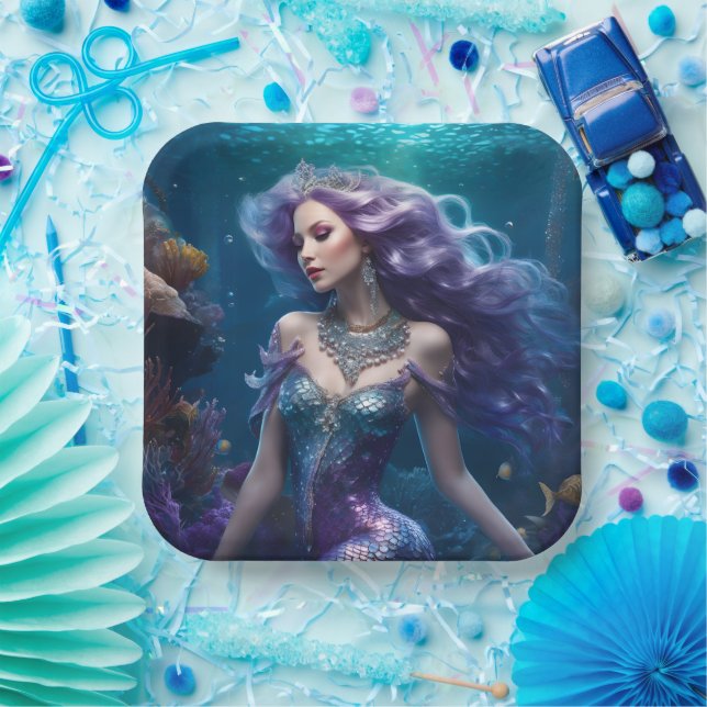 Mermaid Purple Hair Paper Plates (Party)