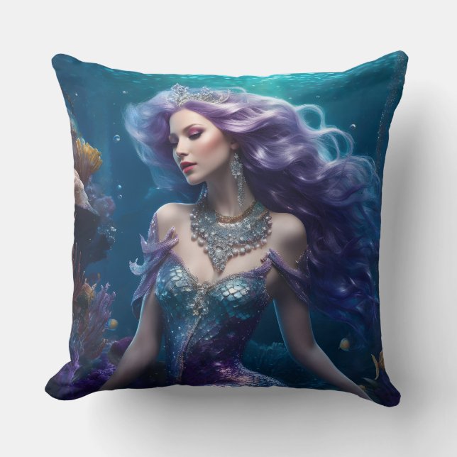 Mermaid Purple Hair Throw Pillow (Front)
