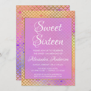 Mermaid Purple, Pink and Yellow Sweet 16 Birthday Invitation