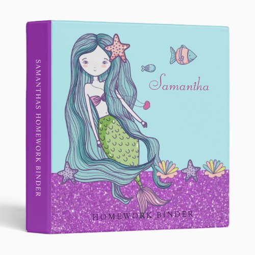 Mermaid Purple Pink Sparkle School 3 Ring Binder