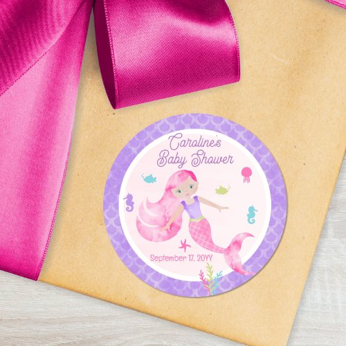 Mermaid Purple Pink Watercolor Baby Shower Favor Classic Round Sticker