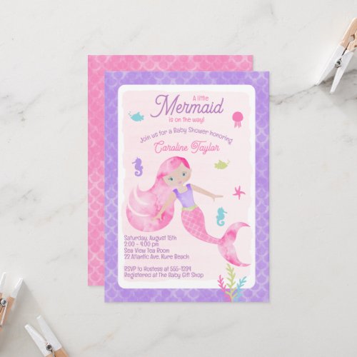 Mermaid Purple Pink Watercolor Baby Shower Invitation