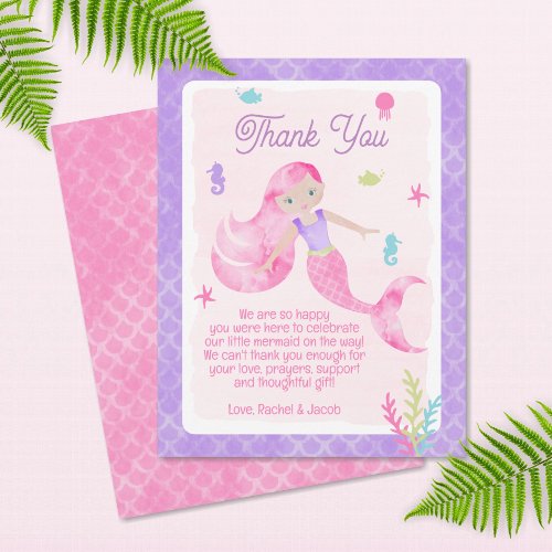 Mermaid Purple Pink Watercolor Baby Shower Thank You Card