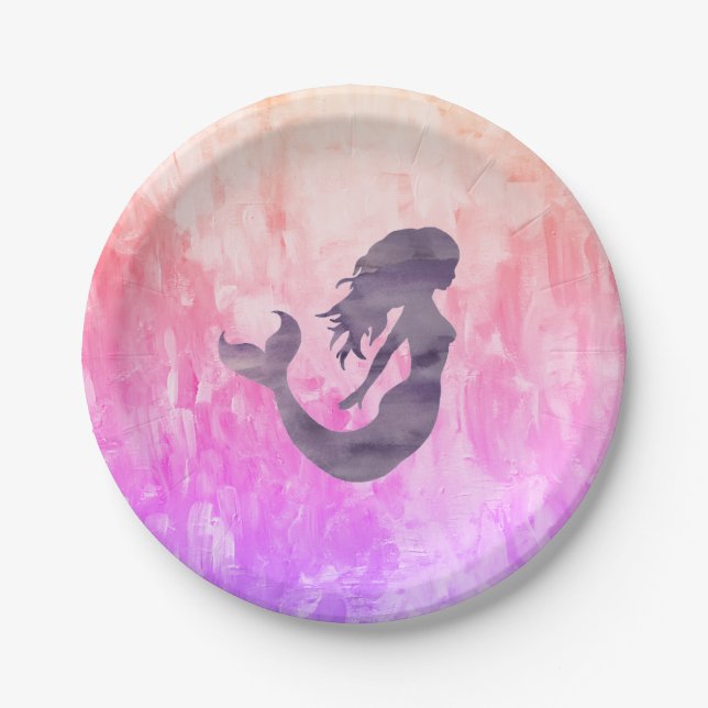 Mermaid Purple Silhouette Ombre Paper Plates (Front)