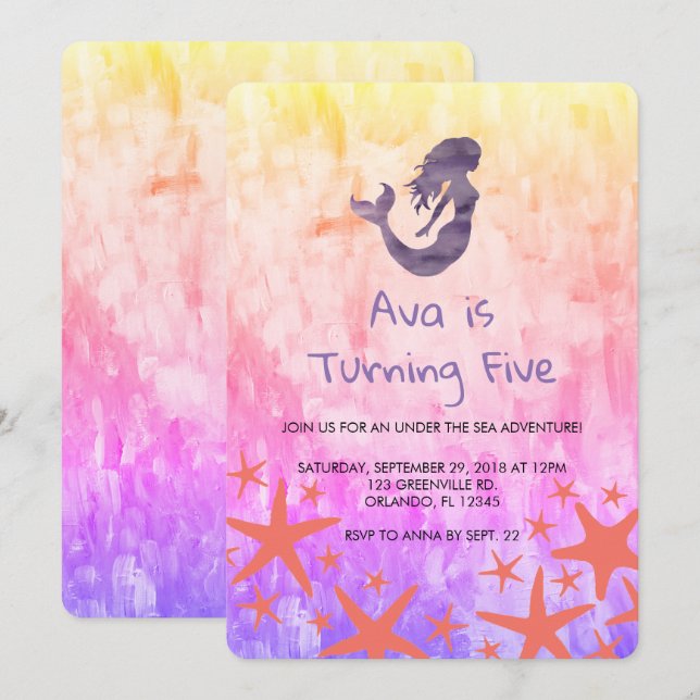 Mermaid Purple Starfish Birthday Invitation (Front/Back)