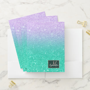 Mermaid purple teal aqua glitter ombre gradient pocket folder