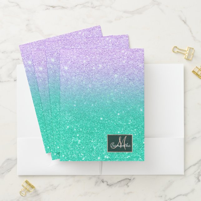 Mermaid purple teal aqua glitter ombre gradient pocket folder (In Situ)