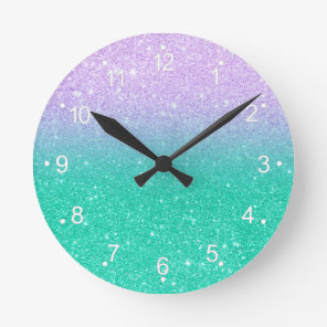 Mermaid purple teal aqua glitter ombre gradient round clock