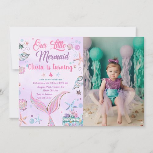 Mermaid Purple Watercolor Birthday Photo Invitation