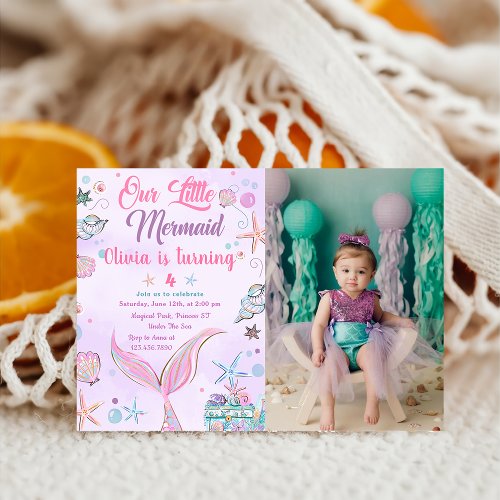 Mermaid Purple Watercolor Birthday Photo Invitation