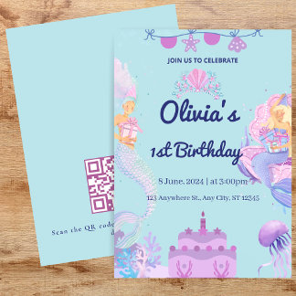 Mermaid QR Code under sea 1st Birthday Invitation