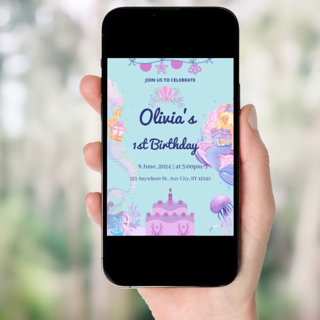 Mermaid QR Code under sea 1st Birthday Invitation (Front Digital)