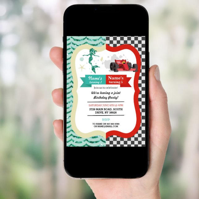 Mermaid & Racing Car Joint Boy girl Birthday Invitation (Front Digital)
