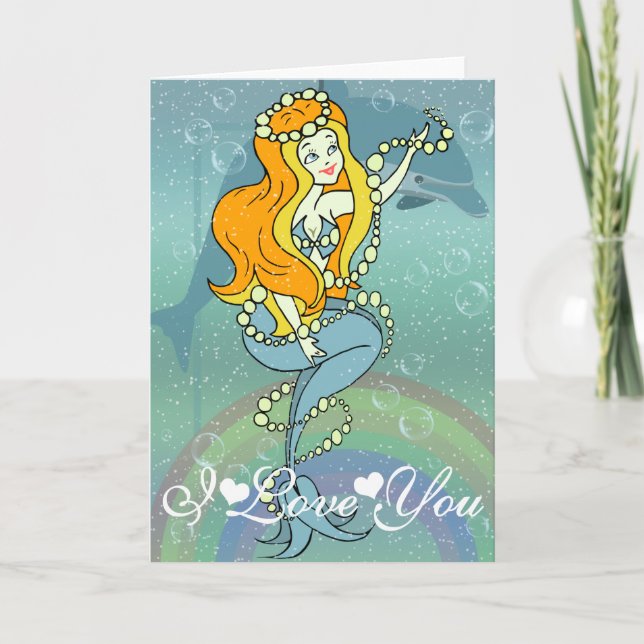 Mermaid Rainbow and Dolphin Design I Love You Card (Front)