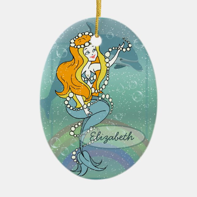 Mermaid Rainbow and Dolphin Illustration Design Ceramic Ornament (Front)