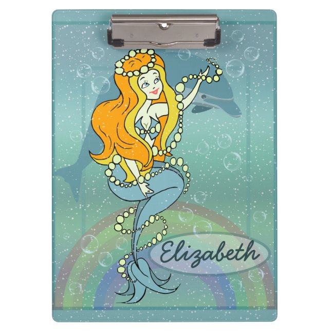 Mermaid Rainbow and Dolphin Illustration Design Clipboard (Front)