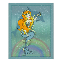 Mermaid Rainbow and Dolphin Illustration Design Poster