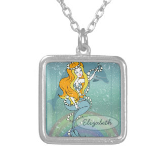 Mermaid Rainbow and Dolphin Illustration Design Silver Plated Necklace