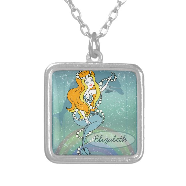 Mermaid Rainbow and Dolphin Illustration Design Silver Plated Necklace (Front)