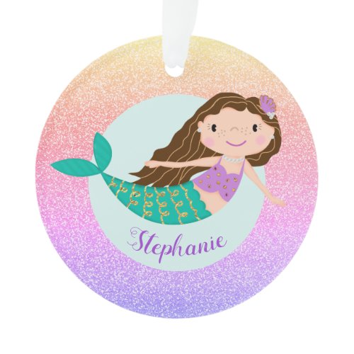 Mermaid Rainbow Glitter Girly Personalized Name Ornament