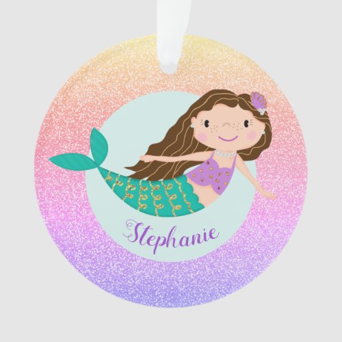 Mermaid Rainbow Glitter Girly Personalized Name Ornament