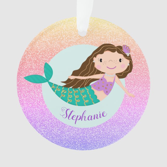 Mermaid Rainbow Glitter Girly Personalized Name Ornament (Front)