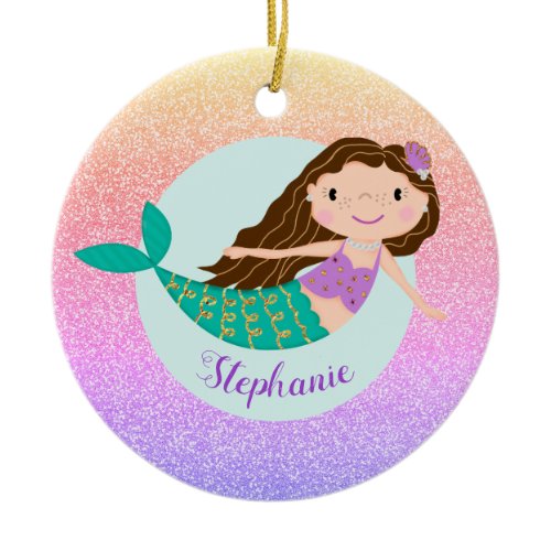 Mermaid Rainbow Glitter Personalized Name Ceramic Ornament