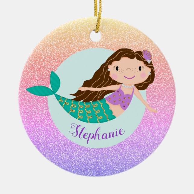 Mermaid Rainbow Glitter Personalized Name Ceramic Ornament (Front)
