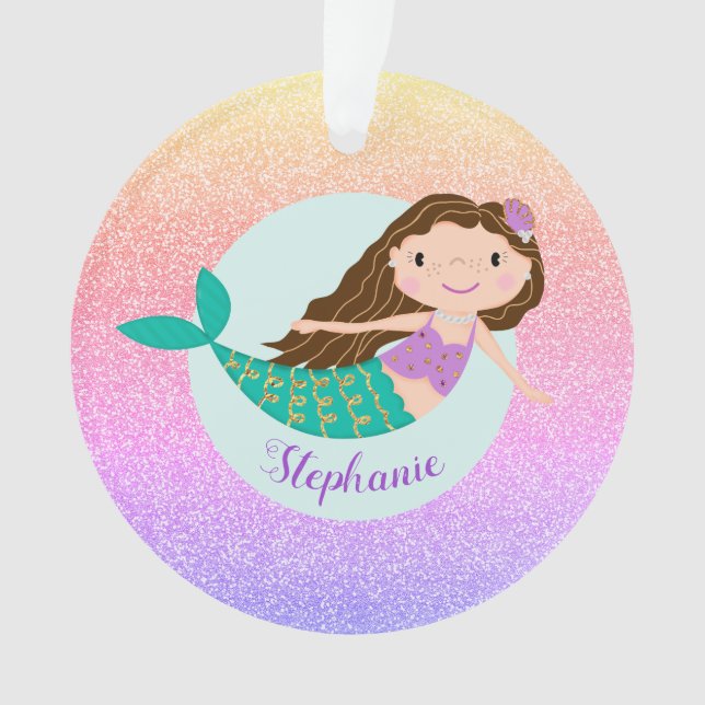 Mermaid Rainbow Glitter Personalized Name Ornament (Front)