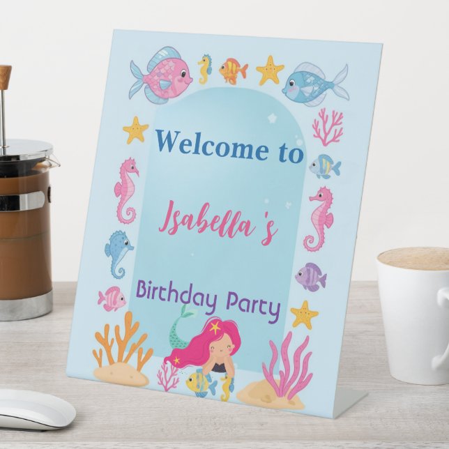 mermaid rainbow magical birthday party pedestal sign (In SItu)
