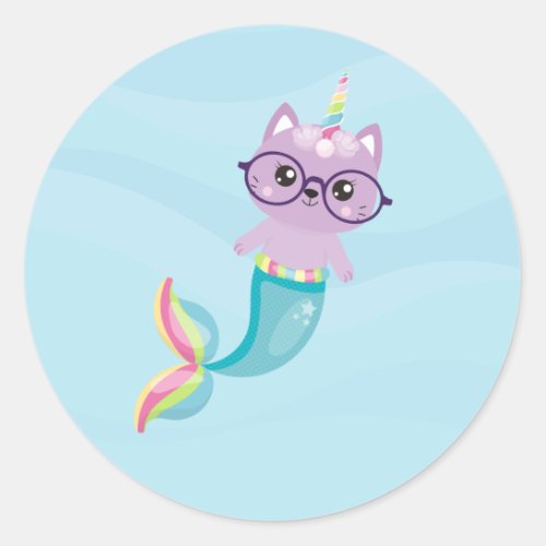 Mermaid Rainbow Unicorn Purple Cat Classic Round Sticker