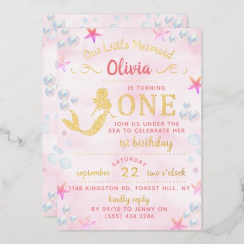 Mermaid Real Foil Pressed 1st Birthday Invitations