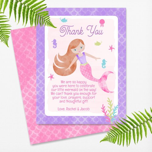 Mermaid Redhead Red Hair Watercolor Baby Shower Thank You Card