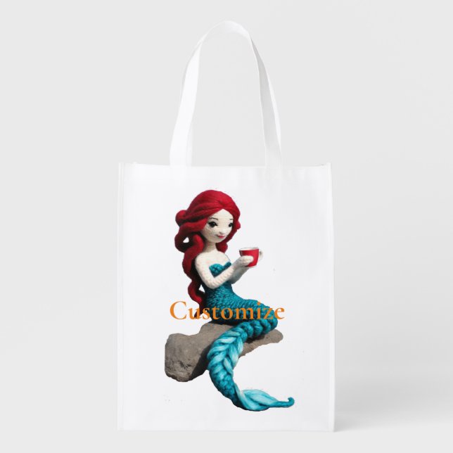 Mermaid Relaxing With Beverage Thunder_Cove  Grocery Bag (Front)