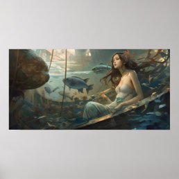Mermaid resting in a shipwreck poster