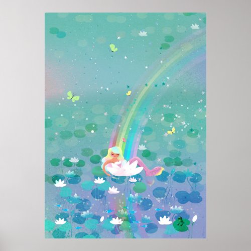 Mermaid resting in a water lily kids’ illustration poster