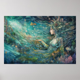 Mermaid resting within a reef poster