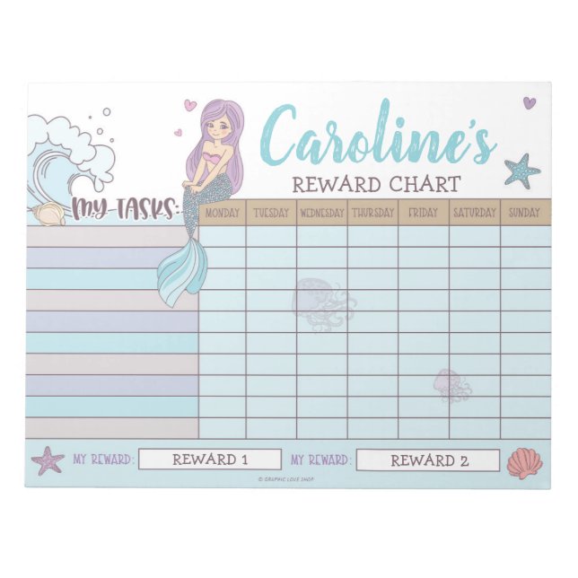 Mermaid Reward Chart Personalized Name & Tasks Notepad (Front)