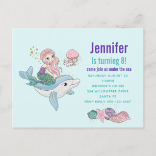 Mermaid Riding a Dolphin Fantasy Birthday Party Invitation Postcard