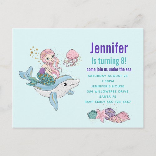 Mermaid Riding a Dolphin Fantasy Birthday Party Invitation Postcard